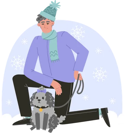 Hombre mayor paseando a su perro en invierno  Ilustración