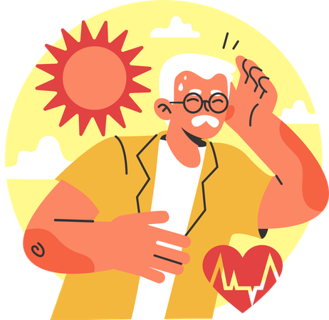 Hombre mayor que sufre del calor del sol de verano  Ilustración