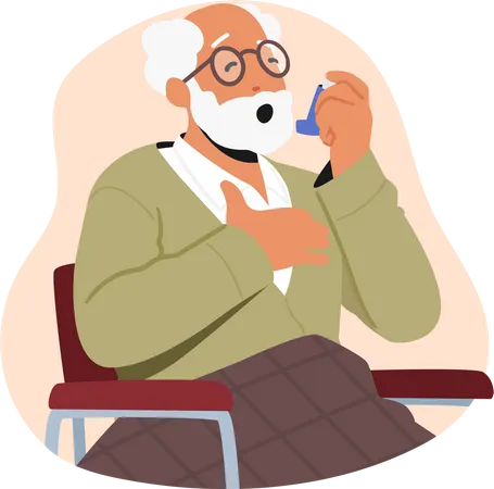 Un hombre mayor usa un inhalador durante un ataque de asma  Ilustración
