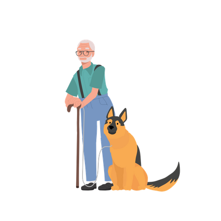 Hombre mayor y su leal pastor alemán disfrutando  Ilustración