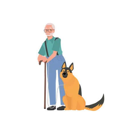 Hombre mayor y su leal pastor alemán disfrutando  Ilustración