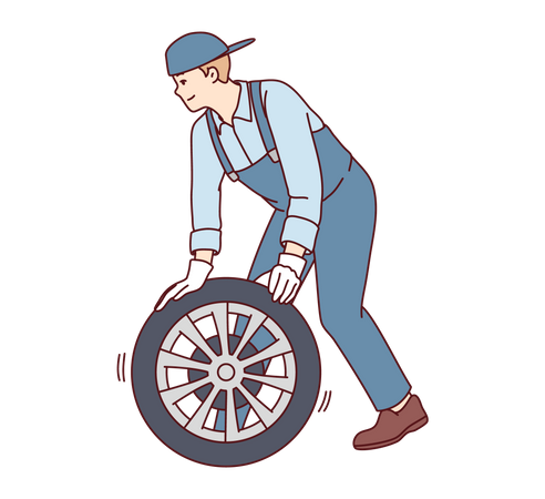 Mecánico masculino reparando neumáticos  Ilustración