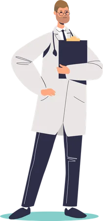 Médico especialista masculino en uniforme con tarjeta de paciente. Hombre hospital o terapeuta clínico  Ilustración
