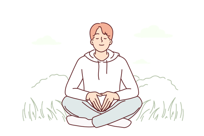 El hombre medita sentado en la hierba  Ilustración
