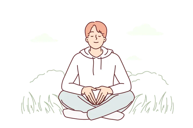 El hombre medita sentado en la hierba  Ilustración