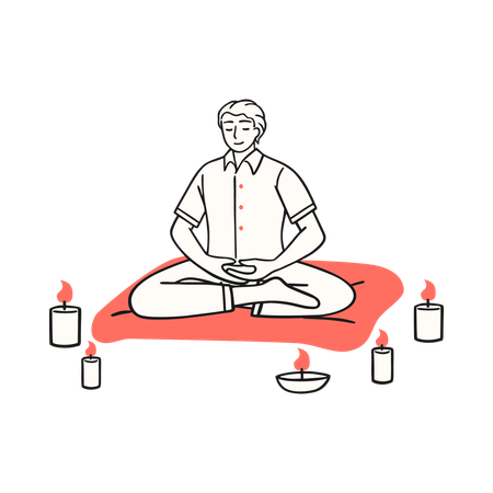 Hombre meditando con velas y un ambiente sereno  Ilustración