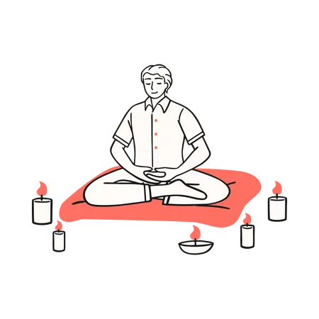 Hombre meditando con velas y un ambiente sereno  Ilustración