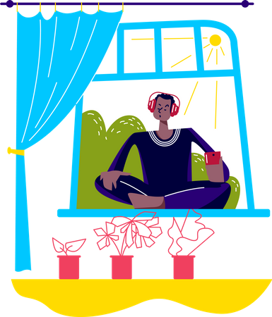 Hombre meditando en casa escuchando música  Ilustración