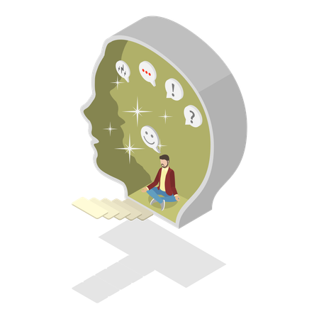 Hombre haciendo meditación mientras muestra Introvertido vs Extrovertido  Ilustración