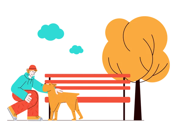 Hombre mimando perro en el parque  Ilustración