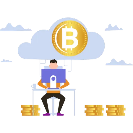 Hombre extrayendo bitcoins mediante minería en la nube  Ilustración