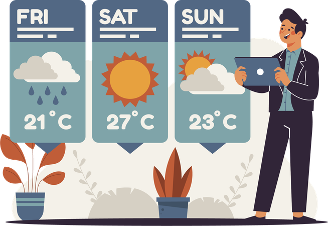 Un hombre mira el pronóstico del tiempo con su tableta  Ilustración