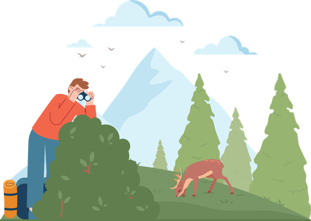 Hombre mirando ciervos usando binoculares  Ilustración
