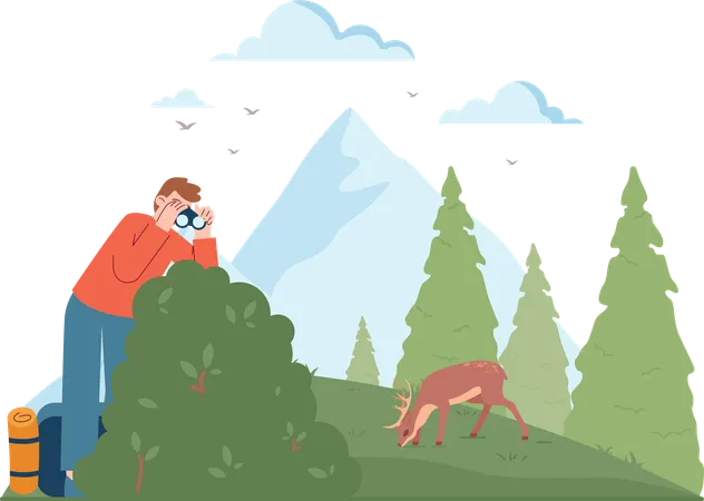 Hombre mirando ciervos usando binoculares  Ilustración