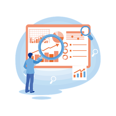 Hombre mirando datos infográficos de la empresa. El empresario analiza las tendencias del mercado y los planes para la optimización SEO. Concepto de marketing empresarial. Ilustración de vector plano.  Ilustración