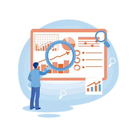 Hombre mirando datos infográficos de la empresa. El empresario analiza las tendencias del mercado y los planes para la optimización SEO. Concepto de marketing empresarial. Ilustración de vector plano.  Ilustración