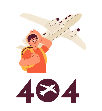 Hombre mirando en avión con mensaje flash de error 404  Ilustración