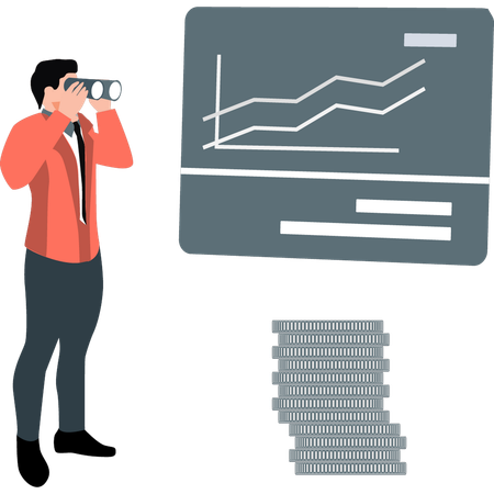 Hombre mirando un gráfico analítico con un catalejo  Ilustración