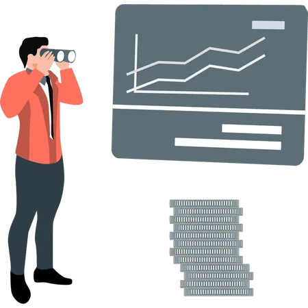 Hombre mirando un gráfico analítico con un catalejo  Ilustración