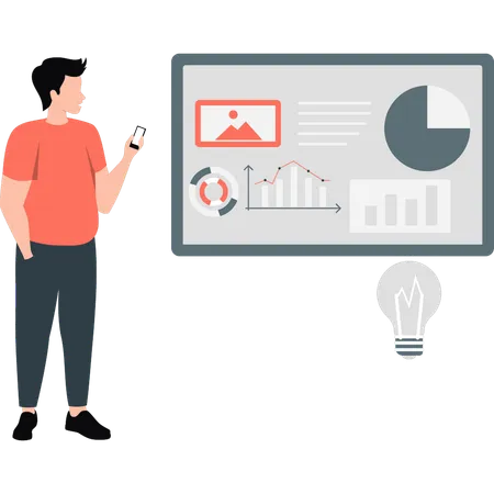 Hombre mirando infografía análisis de negocios gestión  Ilustración