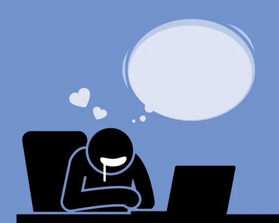 Hombre mirando la pantalla de una computadora mientras babea por toda la boca  Ilustración