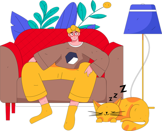 Hombre viendo televisión mientras está sentado en el sofá  Ilustración