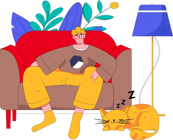 Hombre viendo televisión mientras está sentado en el sofá  Ilustración