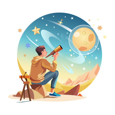 Hombre observando las estrellas con un telescopio  Ilustración