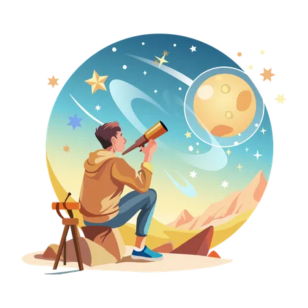 Hombre observando las estrellas con un telescopio  Ilustración