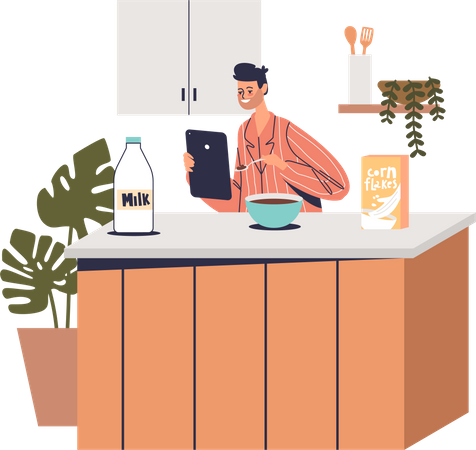 Hombre viendo tutorial de cocina en línea  Ilustración