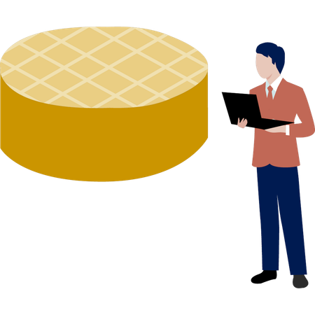 Hombre mirando una tarta de queso en una computadora portátil  Ilustración