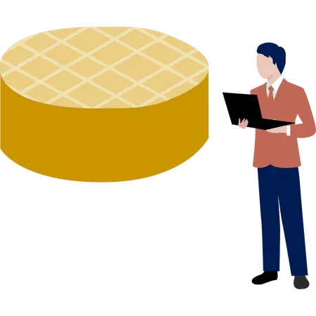 Hombre mirando una tarta de queso en una computadora portátil  Ilustración