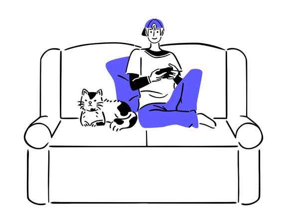 Hombre mirando televisión con gato en el sofá  Ilustración