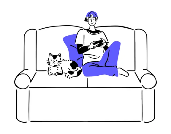 Hombre mirando televisión con gato en el sofá  Ilustración