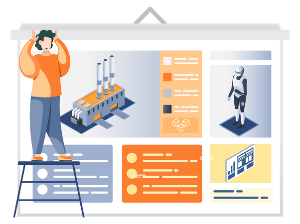 Hombre mirando el cartel de presentación con la descripción de la fábrica de automatización industrial impulsada por robots  Ilustración
