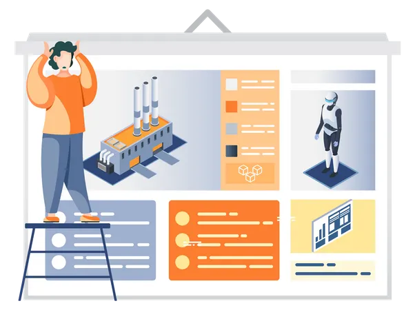 Hombre mirando el cartel de presentación con la descripción de la fábrica de automatización industrial impulsada por robots  Ilustración