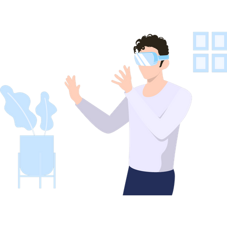 Hombre mirando la maceta a través de gafas VR  Ilustración