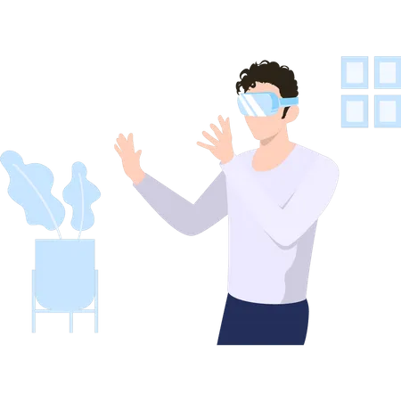 Hombre mirando la maceta a través de gafas VR  Ilustración