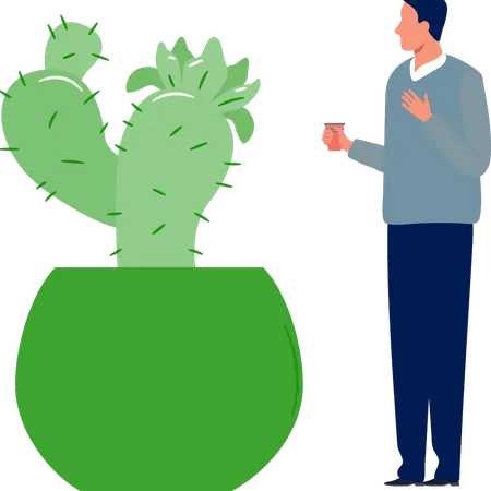 Hombre mirando una planta de opuntia  Ilustración