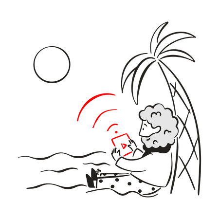 Hombre viendo un vídeo en una isla remota  Ilustración