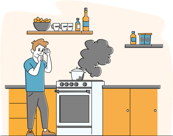 Hombre molesto parado en el horno con fuego ardiente en la sartén  Ilustración