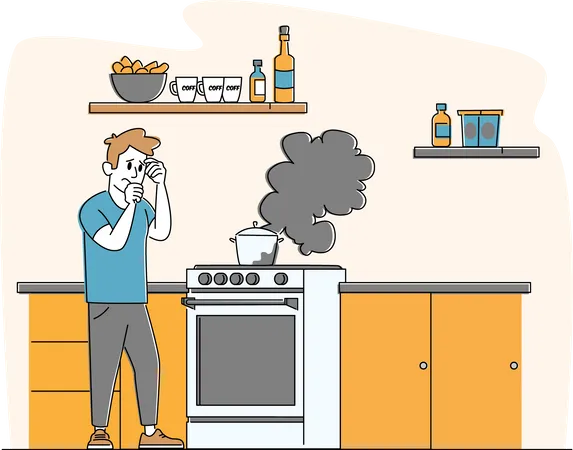 Hombre molesto parado en el horno con fuego ardiente en la sartén  Ilustración
