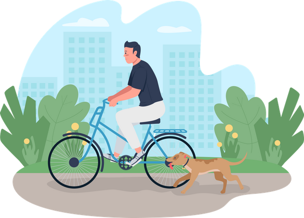 Hombre andando en bicicleta con perro  Ilustración