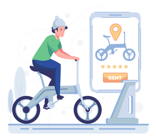 Hombre montando bicicleta en alquiler  Ilustración