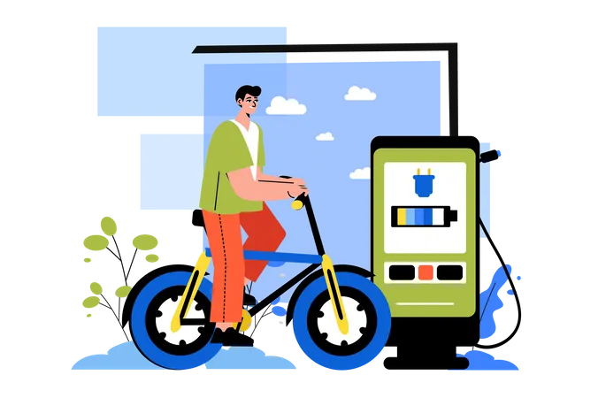 Hombre montando una bicicleta eléctrica y rastreando el uso de la batería a través de una aplicación móvil  Ilustración