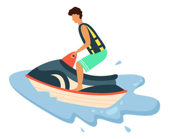 Hombre montando moto acuática en el océano  Ilustración