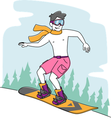 Hombre montando snowboard en las montañas  Ilustración