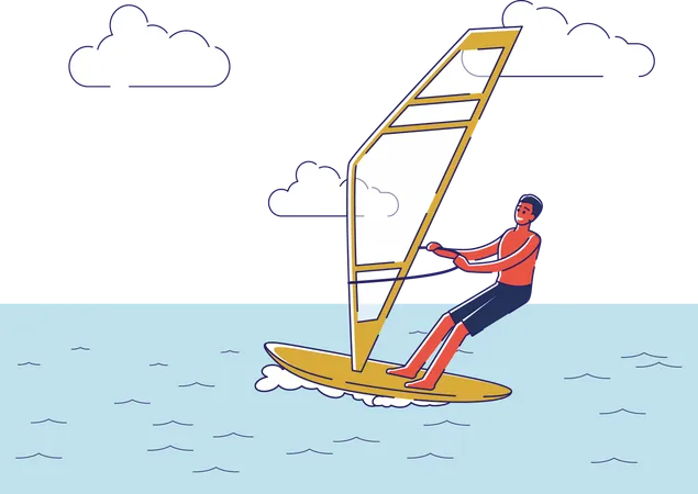 Hombre montando tabla de windsurf  Ilustración