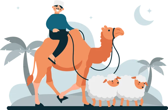 La Ilustracion De Un Hombre Montado En Camello Evoca Sentimientos De Alegria Union Y Riqueza Cultural Y Es Una Representacion Visual Atractiva Para Promover Las Celebraciones Eventos Y Productos De Eid Al Adha Ilustración