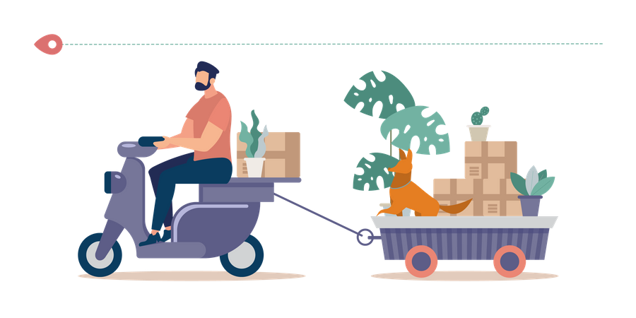 Hombre montando motoneta, tirando de un remolque lleno de cosas del hogar y cosas empaquetadas en cajas de cartón, macetas con plantas vivas y perros  Ilustración